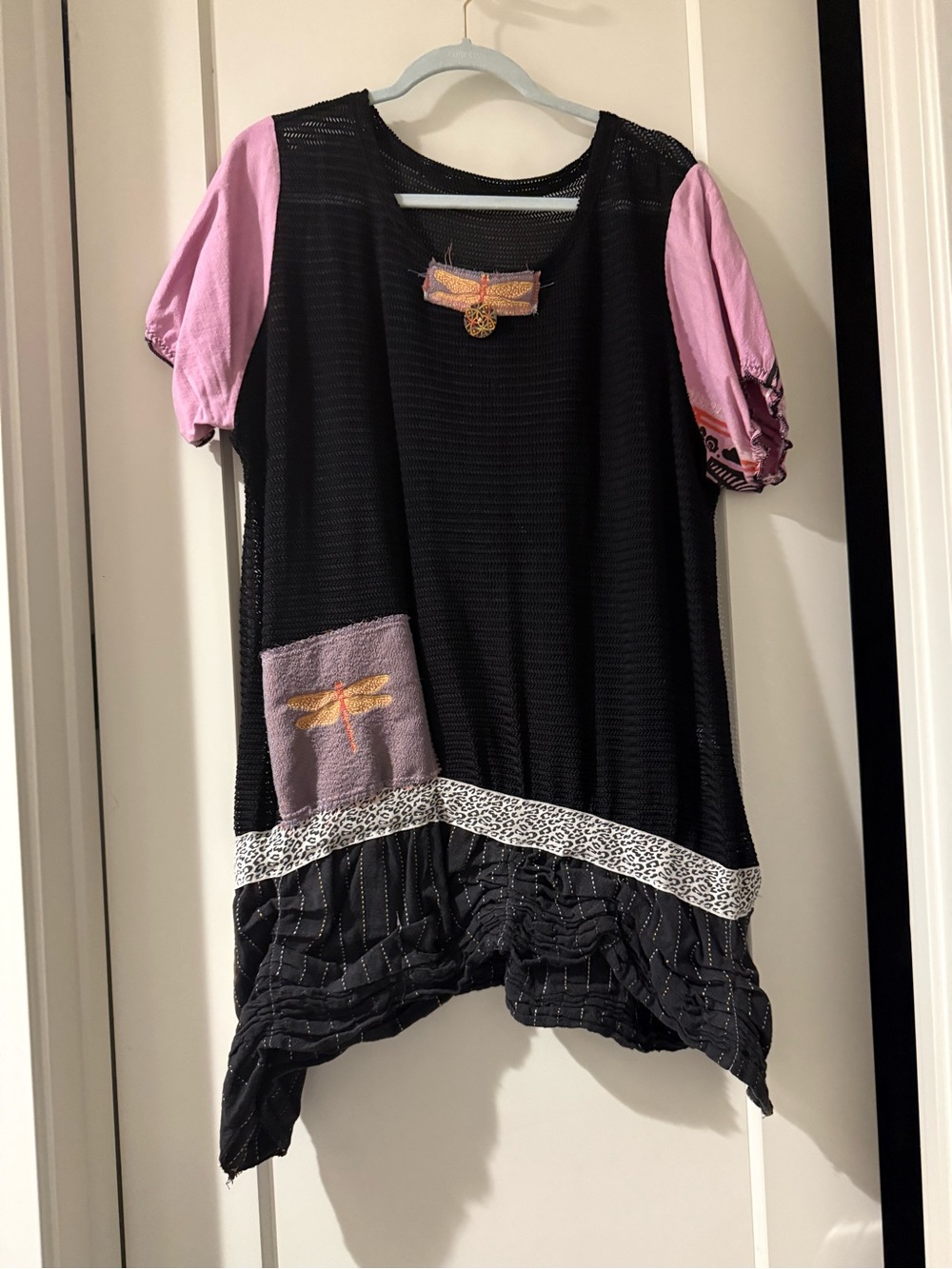 Black Tunic with Pink Sleeves and Dragonfly Patch